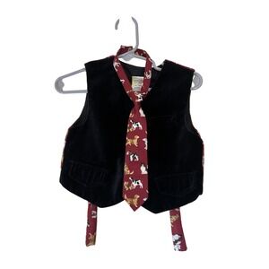 Vintage Kids Black Velvet Vest with Burgundy Dog Print Tie Set 12 months